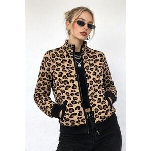 Rachel Zoe Leopard Animal Print Soft Knit Jacket Full Zip Pockets Jacket